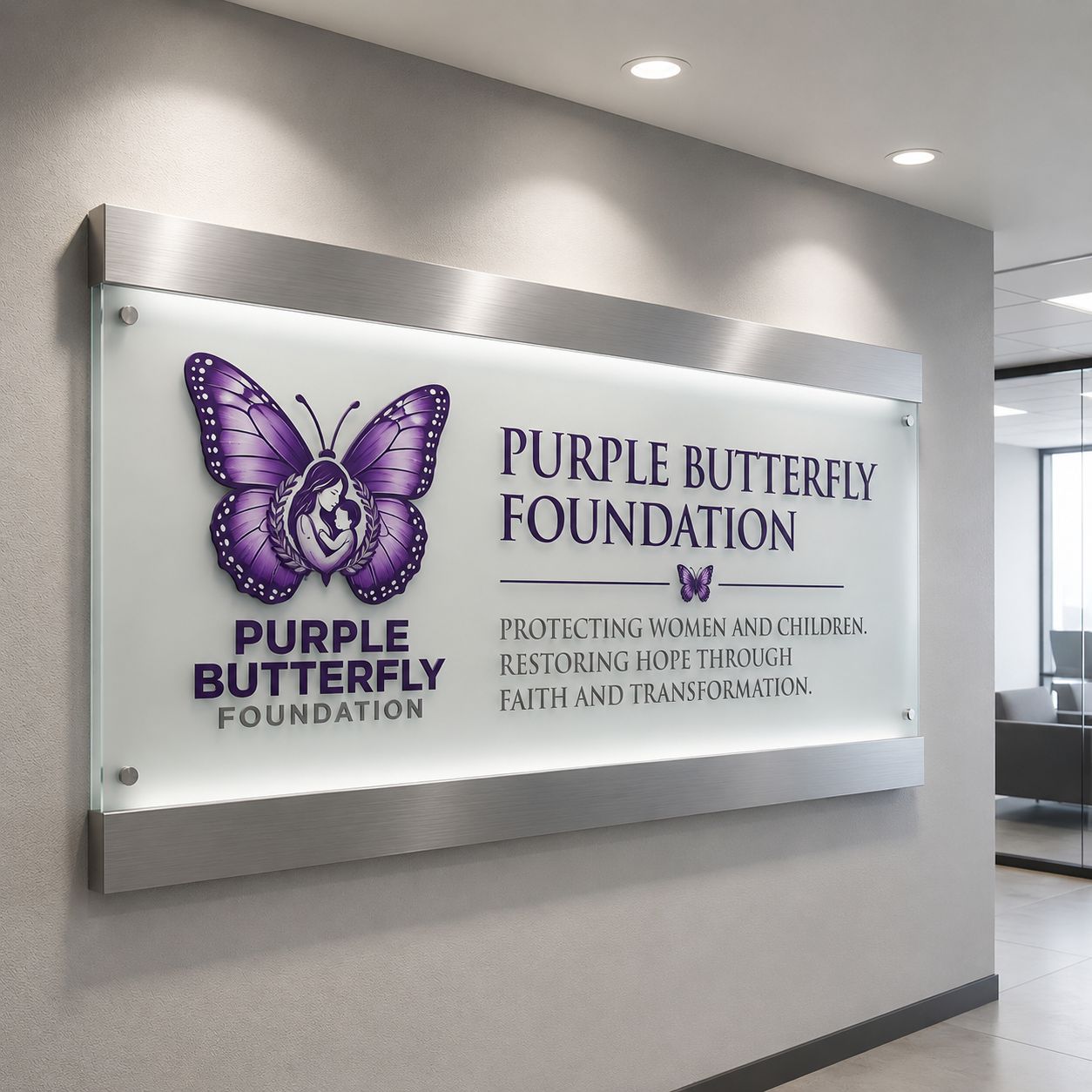 Purple Butterfly Foundation office sign with current butterfly logo