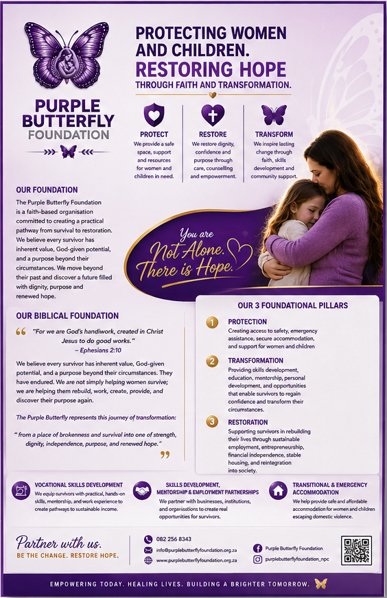 Purple Butterfly Foundation poster: Protecting women and children, restoring hope through faith and transformation.